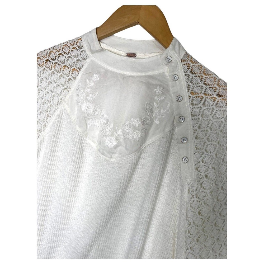 Free People Top Womens S Sweetest Thing Waffle Embroidered Boho Peasant Ivory - Picture 6 of 16